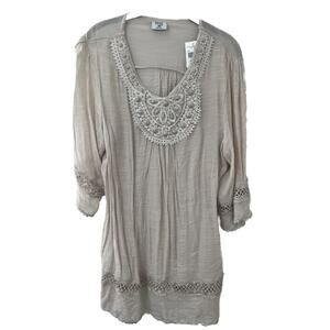 NEW MAD Style Sand V-Neck Tunic Lace & Beaded Light Weight Boho Size XXL